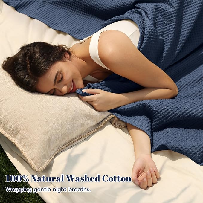 PHF Pre-Washed 100% Cotton Waffle Weave Blanket Queen Size for Bed,Snag Proof Throw Blanket for Couch Spring Summer Lightweight Breathable,Machine Washable, Home Decor Gift - Dark Navy
