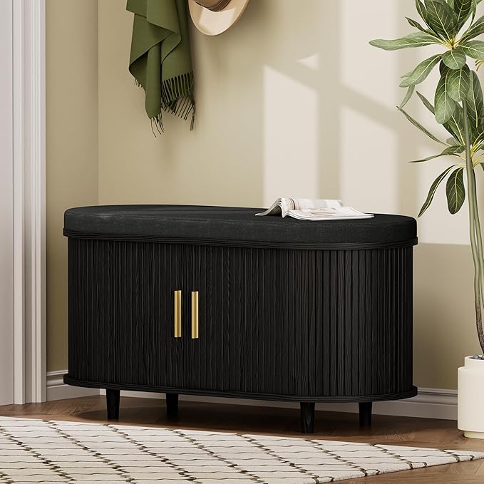 DHH 2-Tier Storage Bench,Wide Shoe Bench with Thickened Padded Seat Cushion, Mid Century Modern Fluted Sliding Door and Adjustable Shelf, for Entryway, Living Room, Bedroom (Black, 35.4“)