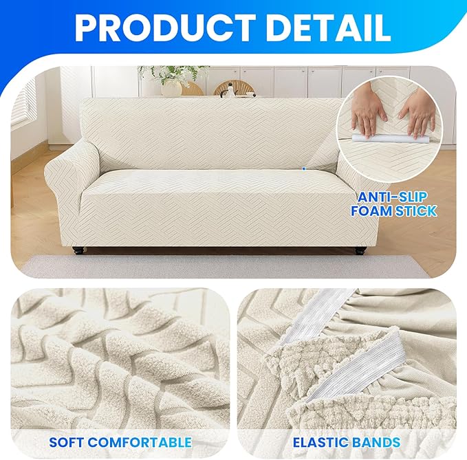 Stretch Sofa Slipcover 1 Piece Couch Sofa Cover,31"-46" Non Slip Soft Couch Sofa Cover Washable Furniture Protector with Non Skid Foam and Elastic Bottom for Kids, Pets,Beige White