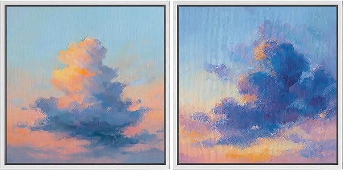 SIGNFORD Framed Canvas Print Wall Art Set Dreamy Cloud Sky Landscape Blue Pink Abstract Modern Art Relax/Calm for Living Room, Bedroom, Office - 16"x16"x2 WHITE