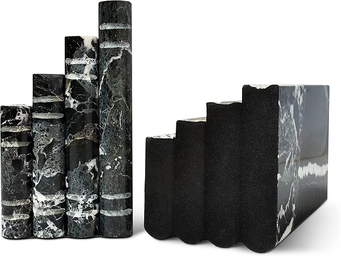Library Style Solid Marble Bookends - Set of 2 Heavy Decorative Book Stoppers with Non-Skid Bottom – All Natural Polished Marble Bookend Black + White (7x4x5 inches)