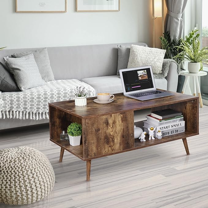 ZenStyle Mid Century Modern Coffee Table, Wooden Retro Coffee Table with Open Storage Shelf for Living Room, Reception, Easy Assembly (Brown)