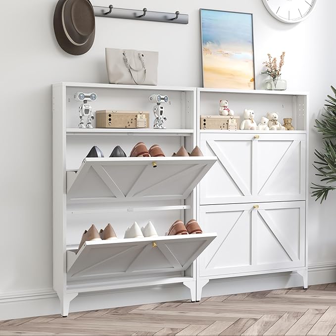 Shoe Storage Cabinet for Entryway with 2 Flip Drawers, Freestanding Shoe Organizer with Legs,Farmhouse Narrow Shoe Storage Cabinet for Entryway, Foyer,Living Room (2-Drawers, White)