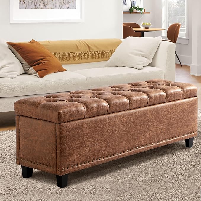Ottoman with Storage, 51" Storage Bench Ottoman for Bedroom, End of Bed Benchs with Button-Tufted, Upholstered Rectangle Long Foot Rest Benchs for Entryway Living Room (Brown)