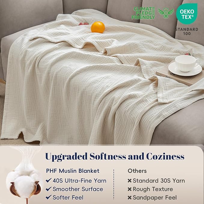 PHF 100% Cotton Muslin Throw Blanket 50" x 60", 4-Layer Lightweight and Breathable Blanket, Luxuriously Soft Gauze Throws for Couch Bed Sofa, Ideal Gift Choice, Oat Milk (Pack of 2)