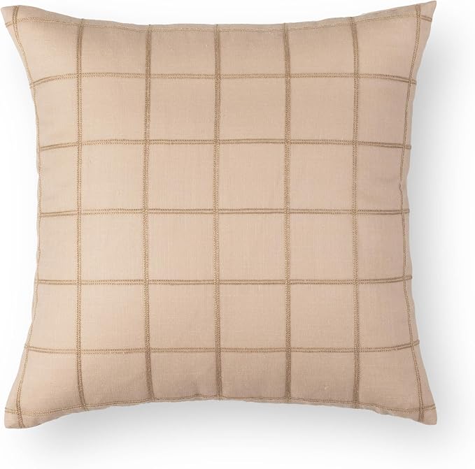 Crumbs Home Modern Farmhouse Fall Linen Indoor Outdoor Throw Pillow Cover Only, 22"x22" Water Repellent for Patio, Backyard, Couch, Ivory Cream Plaid