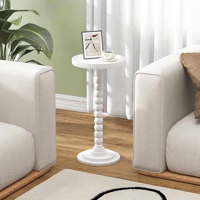 Drink Table，Slot Edge Round Small Side Table for Small Spaces, Round End Tables with Decorative Tray, Pedestal Martini Tables for Living Room, Bedroom, Sofa Couch, Corners (White)