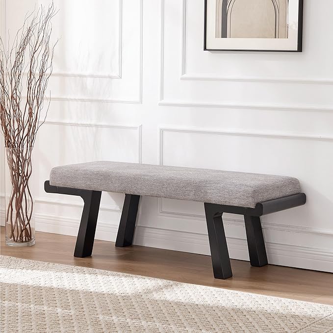 Zesthouse Solid Wood Bench for Bedroom End of Bed, Upholstered Small Entryway Bench with Cushion, 47" Grey Linen Ottoman Bench with Black Wood Legs, Modern Dining Bench Seat, for Indoor Living Room