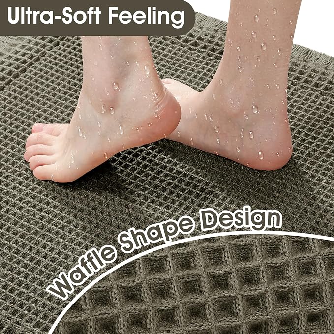 Upgraded Waffle Bath Mat, 36"x24" Greyish Green-Bordered, Super Absorbent Non-Slip Quick Dry Bathroom Rugs with Tassels, Machine Washable Ultra Soft Boho Bath Rugs, Toilet Mats Boho Farmhouse Decor