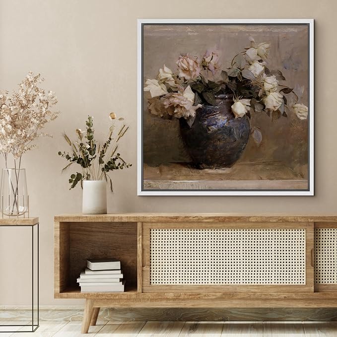 SIGNFORD Framed Canvas Print Wall Art Impressionist Roses in Vase Textured Floral Still Life Nature Wilderness Illustrations Rustic Zen Colorful for Living Room, Bedroom, Office - 24"x24" White