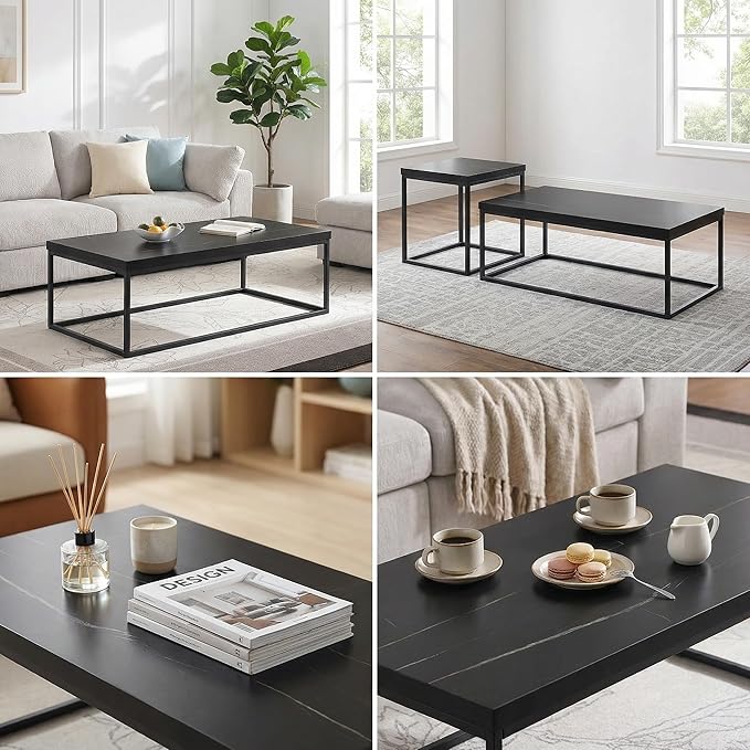CENSI Modern Black Marble Coffee Table for Living Room - 47" Rectangular Center Table with Extra Thick 1.6" Faux Stone Top & Sturdy Metal Frame, Industrial Cocktail Table, Easy Assembly