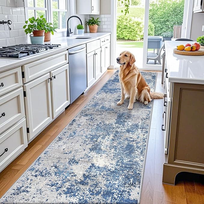 Non Skid Hallway Runner Rug 3x12 ft - Long Washable Stain Resistant Low Pile Thin Carpet Runners for Kitchen Entryway Bathroom, Modern Abstract Neutral Blue Ivory Grey