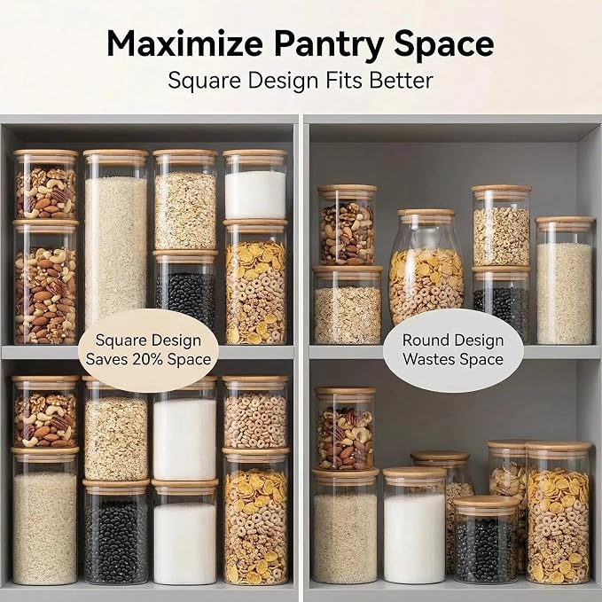 Airtight Glass Storage Containers with Lids Set, 9 Pack Pantry and Pasta Storage Containers 25/37/51/78oz, Square Kitchen Canister Set for Flour Sugar Rice, Cereal Beans Oats Spaghetti Pasta
