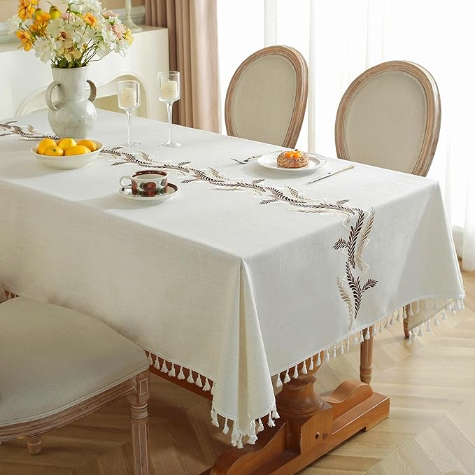 JIALE Tablecloths for Rectangle Tables, Cotton Linen Table Cloth Waterproof Tablecloth Wrinkle Free Farmhouse Dining Tables Cover, Soft Fabric Table Cloths with Tassels, Beige, 55" X 70", 4-6 Seats