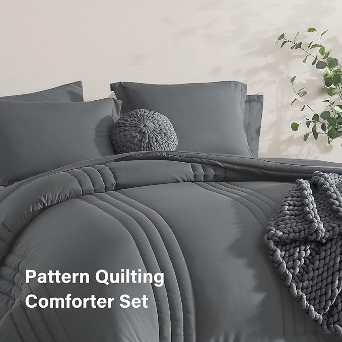 Monbix Full Size Comforter Sets - 7 Pieces Grey Bed in a Bag Full Size Bedding Sets with Comforters, All Seasons Comforter with Sheets, Pillowcases & Shams