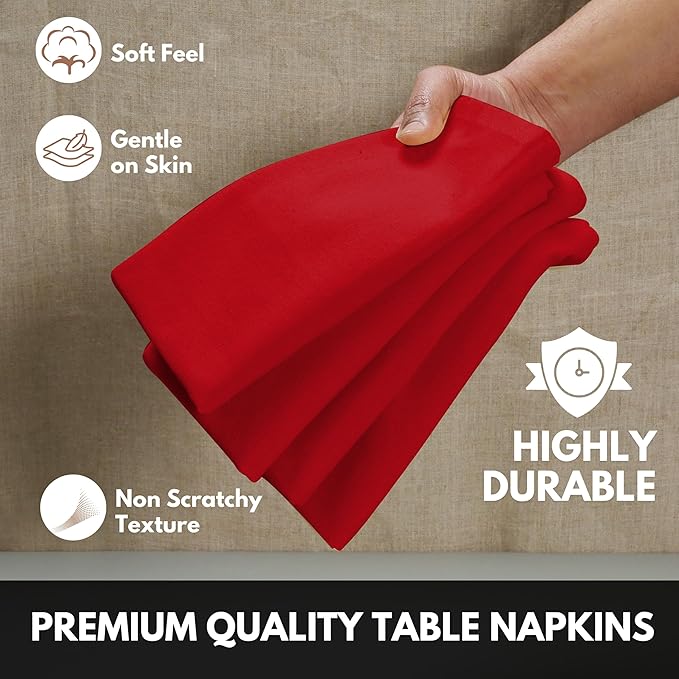 Napkins 100% Cotton Set of 12 Decorative Cloth Napkin Washable Dinner Napkins for Holiday, Dinner, Wedding, Baby Shower & Dining - Red (17"x17")
