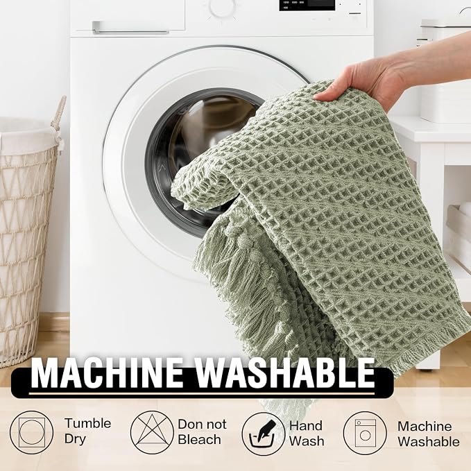 H.VERSAILTEX Waffle Bath Runner Rug Long Bath Mat Super Absorbent Boho Bath Rugs Non Slip Bath Runner for Bathroom Floor Machine Washable Dry Fast Bathroom Rugs with Tassels, 24" x 60", Sage