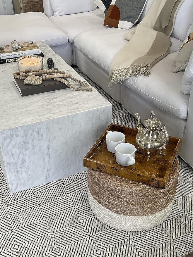 Jute Pouf Ottoman | Footrest Pouf | Hand Braided - Round Boho Pouffe - for Living Room, Bedroom, Nursery (18"x18"x12") Ivory