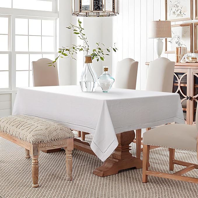 Linen World Hemstitch Linen Tablecloth,French Linen White Tablecloth 120" x 60" Inch,Washable Rectangular Table Cloth for Dining,Outdoor,Weddings and Restaurants,Decorative Thanksgiving Christmas