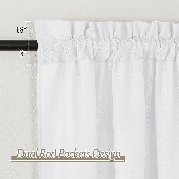 RYB HOME Linen Sheer Curtains 2 Panels for Living Room, Semi Transparent Privacy Drapes with Rod Pocket Farmhouse Style Window Treatments for Bedroom, White, 52" W x 90" L
