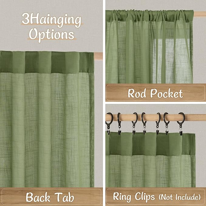 LAMIT Sage Green 90 Inch Long Sheer Linen Curtains 2 Panels Set, Light Filtering Spring Decor Panels Back Tab and Rod Pocket Boho Drapes for Living Room/Bedroom/Sliding Glass Door, 52 x 90 Inch