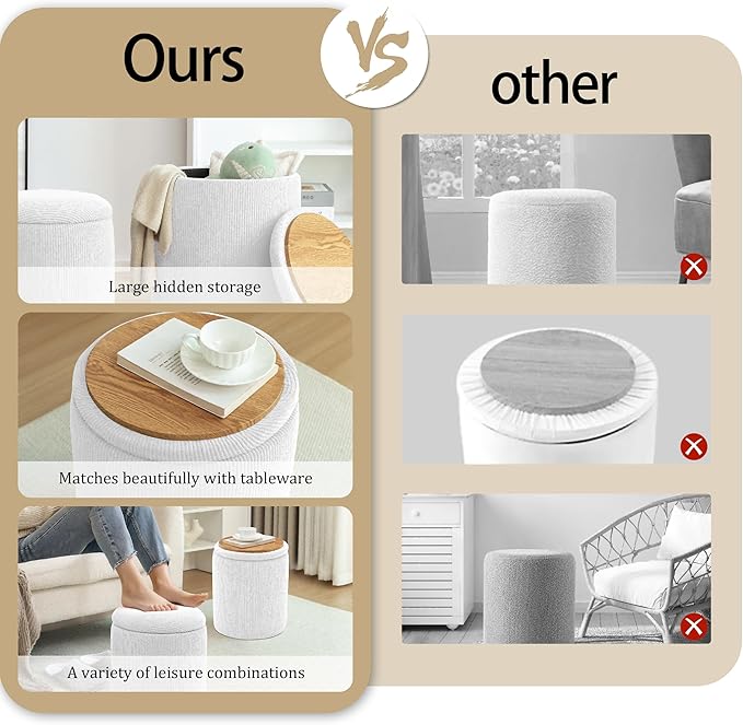YSICK Round Ottoman with Storage, Set of 2, Small Vanity Stool as Vanity Chair, Corduroy Ottoman Foot Rest for Small Space, Living Room, Bedroom, White