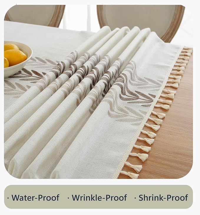 Alsoo Embroidered Tablecloth Rectangle 55 x 120 Inch, Farmhouse Otanical Floral Table Cloth Waterproof Washable Cotton Linen Fabric for Kitchen Dining Festival