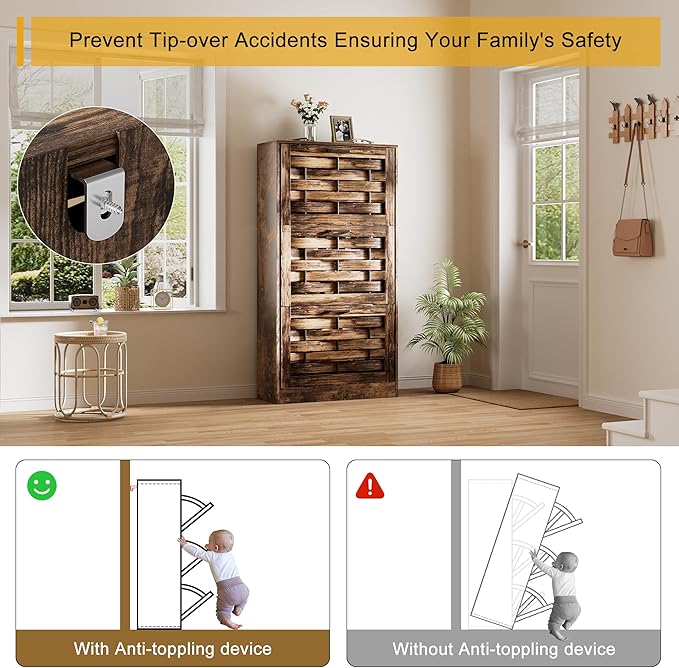 White Shoe Cabinet Storage with 6 Flip Drawers for Entryway, Slim Shoe Rack Cabinet with Woven Design Drawers, Narrow Shoe Organizer for Hallway, Apartment (Rustic Brown, 6 Drawers)