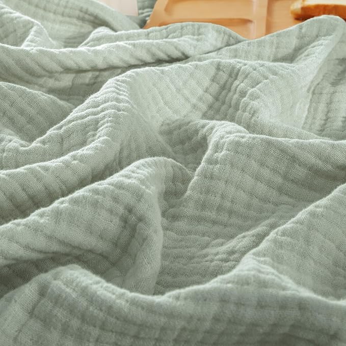 PHF 100% Cotton Muslin Throw XL Blanket Large 50" x 70", 4-Layer Lightweight Gauze Throw, Breathable Cloud-Soft Minimalist Blanket for Bed, Couch, Camping, Sage Green, Ideal Gift