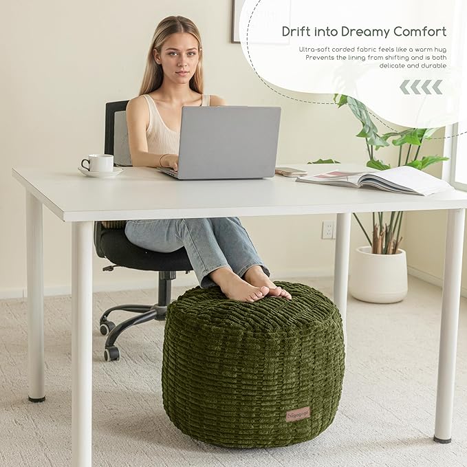 HIGOGOGO Pouf Ottoman Stuffed Round Modern Foam Filled Foot Rest Poufs for Living Room Chair Decorative 26 X 18 Inches Boho Relax Stool for Wedding Christmas Party, Green