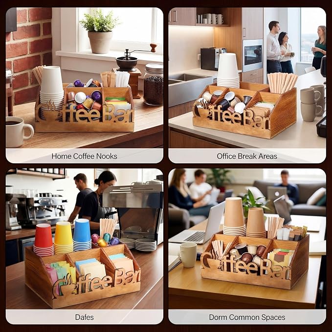 Coffee Station Organizer for Counter Wood Countertop Accessories Organizer Coffee Pods Holder Storage Basket for Pods Condiment Syrup Tea Cups Stirrers for Rustic Bar Decoration(Natural)