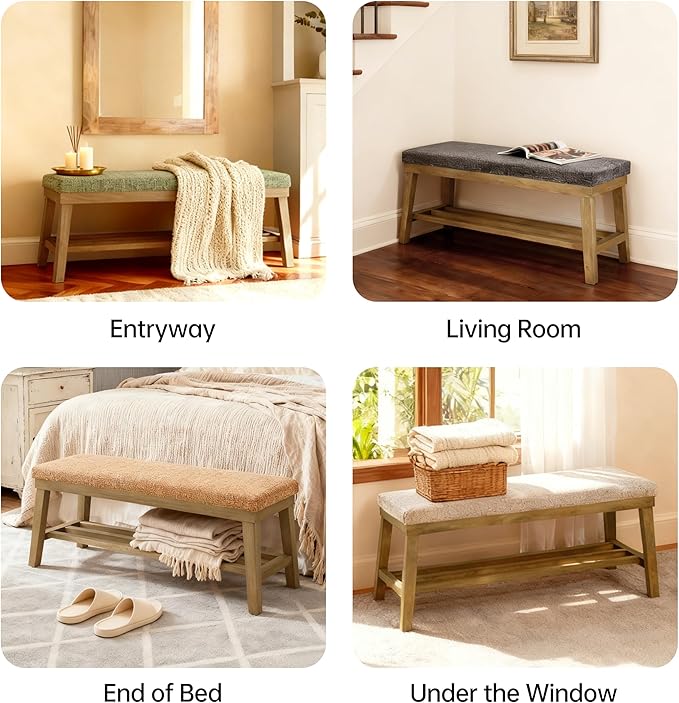 VKNOW Entryway Bench, 44.4" Upholstered Shoe Storage Bench for Entryway & Bedroom, Shoe Bench with Rubberwood Legs, Modern End of Bed Storage Bench for Living Room and Hallway, Black