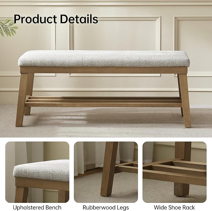 VKNOW Entryway Bench, 44.4" Upholstered Shoe Storage Bench for Entryway & Bedroom, Shoe Bench with Rubberwood Legs, Modern End of Bed Storage Bench for Living Room and Hallway, Beige