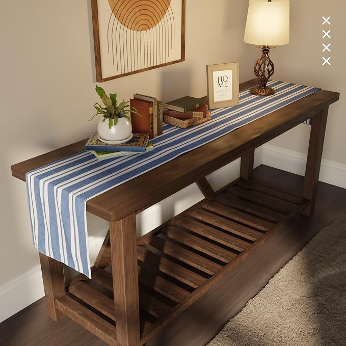Encasa XO Cotton Dining Table Runner | Franca Blue Stripes | Size 13x72 in - Machine Washable & Durable