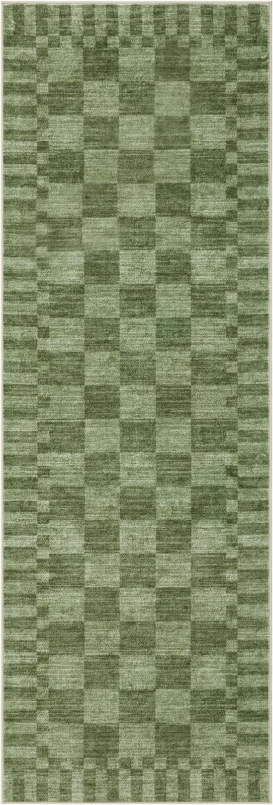 GarveeHome 2×6 Kitchen Runner Rug Non Slip,Moss Green Checkered Rug,Washable Runner Rug for Hallway Soft Low-Pile Geometric Checkerboard Rugs for Entryway Kitchen Dining Room