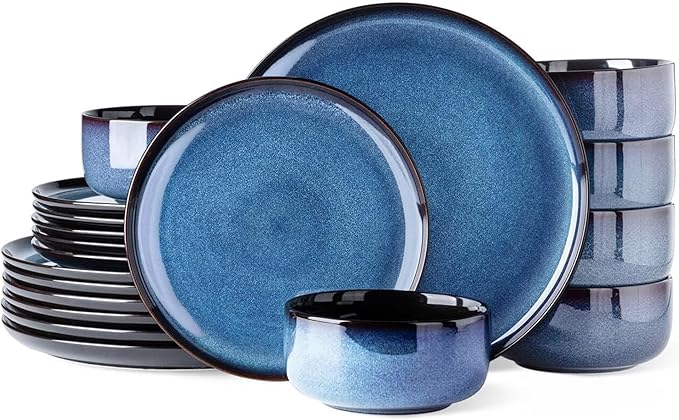 LeRatio Ceramic Dinnerware Sets for 6,Porcelain Plates and Bowls Sets,Handmade Reactive Glaze Dishes Set,Chip Resistant and Scratch Resistant | Oven&Dishwasher & Microwave Safe-Blue(18PCS)