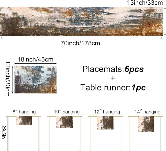 Rust Table Runner and Place Mats Set of 6 Abstract Blue and Brown Metal Steel Iron Rusty Stain Linen Dining Mat Sets Washable Vintage Splash Messy for Home Table Decorations 70 Inches Long