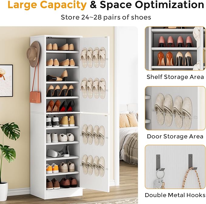 Shoe Cabinet with Slipper Rack Set of 2, 10-Tier Narrow Tall Shoe Storage Cabinet with Adjustable Shelves Modern Shoe Organizer Cabinet for Entryway, White