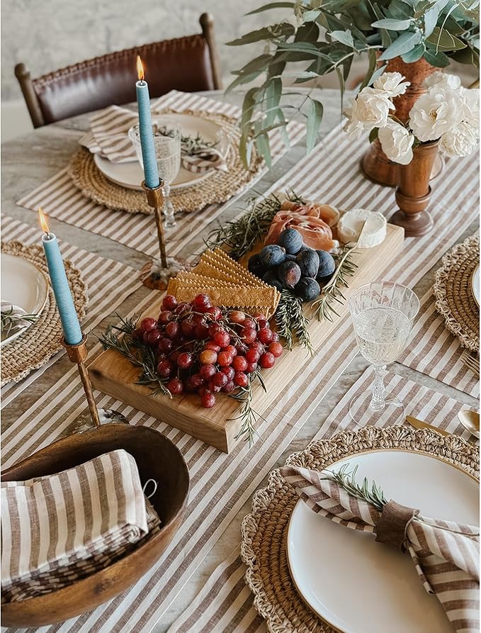 Solino Home Linen Table Runner 60 Inches - Amalfi Stripe 100% Pure Linen Brown and Cream Farmhouse Table Runner 14 x 60 Inch Ideal for Dresser and Coffee Tables