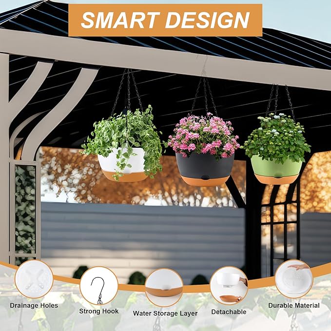 KPUVX 4 Pack Plastic Hanging planters for Indoor Plants,8 Inch Plant Pot Indoor Outdoor Hanging Baskets,Hanging Flower Pots with Drainage Holes and Chain for Garden Porch Plants (Green)
