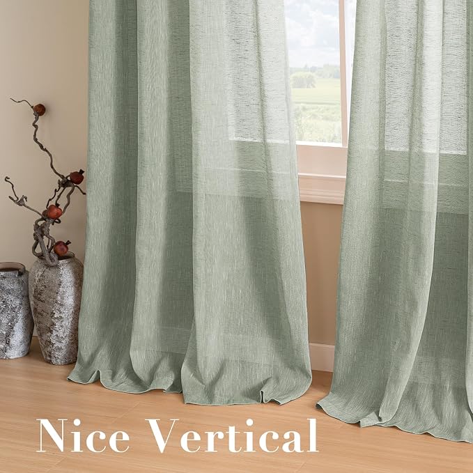 H.VERSAILTEX Linen Curtains Natural Linen Blended Curtain Panels for Living Room/Light Reducing Linen Semi Sheer Curtains 63 inch Length 2 Panels Set Nickel Grommet Window Panels, Sage