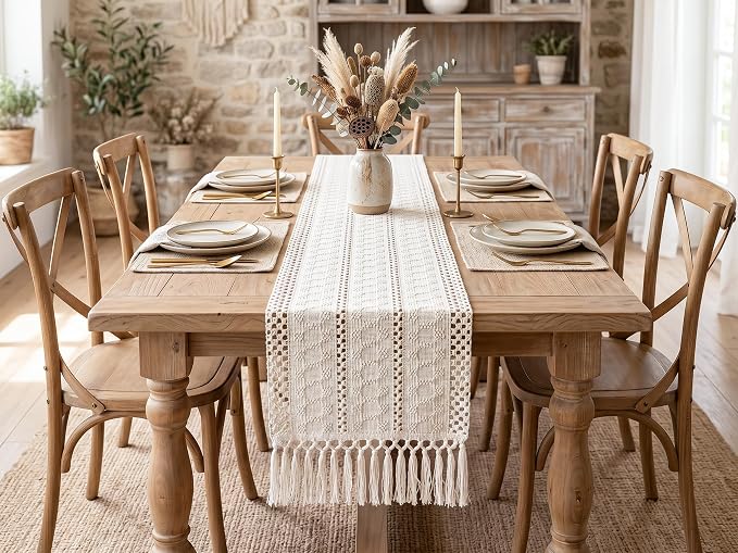 FEXIA Boho Macrame Table Runner with Tassels 60 Inches Long Cream Table Runner for Farmhouse Home Decor Table Runnerfor Bohemian Dining Bedroom Decor Rustic Bridal Shower (12x60 Inches)