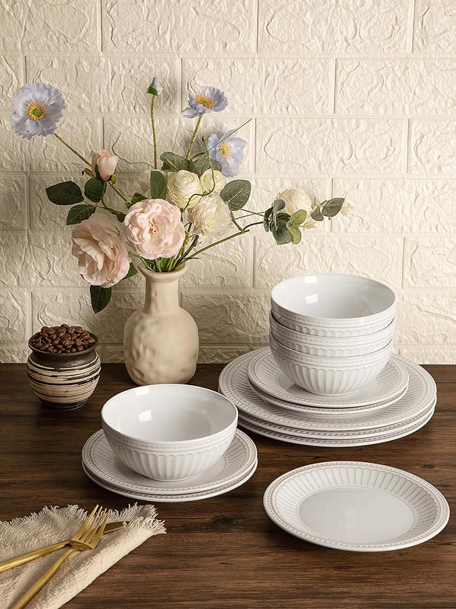 Famiware Garden 12-Piece Embossed Plates and Bowls Sets, Stoneware Reactive Glaze Dishes Dinnerware Set, Modern Rustic, Chip & Scratch Resistant, Microwave & Dishwasher Safe, Service for 4, White