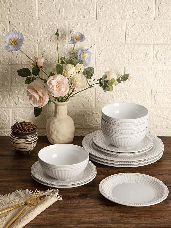 Famiware Garden 24-Piece Embossed Plates and Bowls Sets, Stoneware Reactive Glaze Dishes Dinnerware Set, Modern Rustic, Chip & Scratch Resistant, Microwave & Dishwasher Safe, Service for 8, White