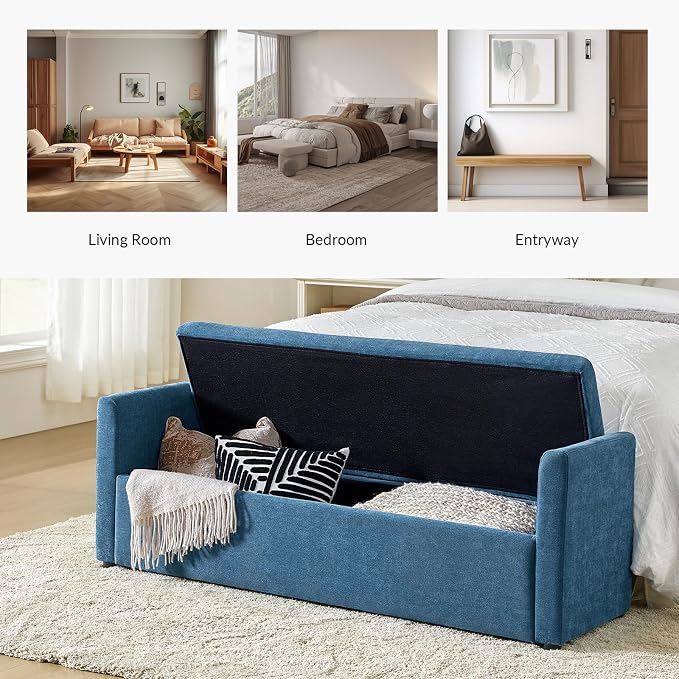 HULALA HOME 59" Storage Bench with 2 Throw Pillows, Modern Long Bedroom Bench for End of Bed, Comfy Upholstered Footstool for Entryway Living Room, Teal