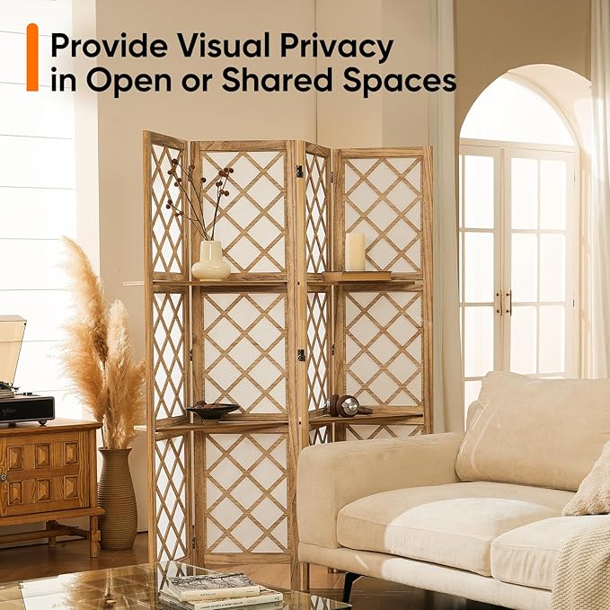 JOSTYLE Japanese Room Divider with Shelves, Shoji Screen Diamond Lattice Design, 4-Panel Lightweight Wooden Privacy Partition with Storage Board, 67" H x 64" W