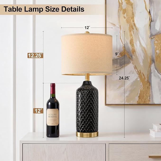 24.25" Ceramic Table Lamps for Living Room Bedroom Modern Lamps Set of 2, Modern Black Living Room Lamp, Boho Bedside Lamp for night stands, nightstand lamp, end side table lamp for Home Décor Office