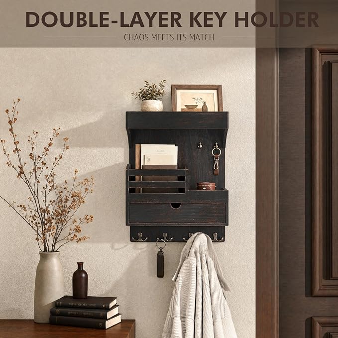 Rebee Vision Pine Wood Key Holder Wall Mount with Drawer Organizer - Farmhouse Key Holder for Wall with 6 Sturdy Hooks & Floating Shelf - Ideal Mail Organizer for Home Decor (Distressed Black)