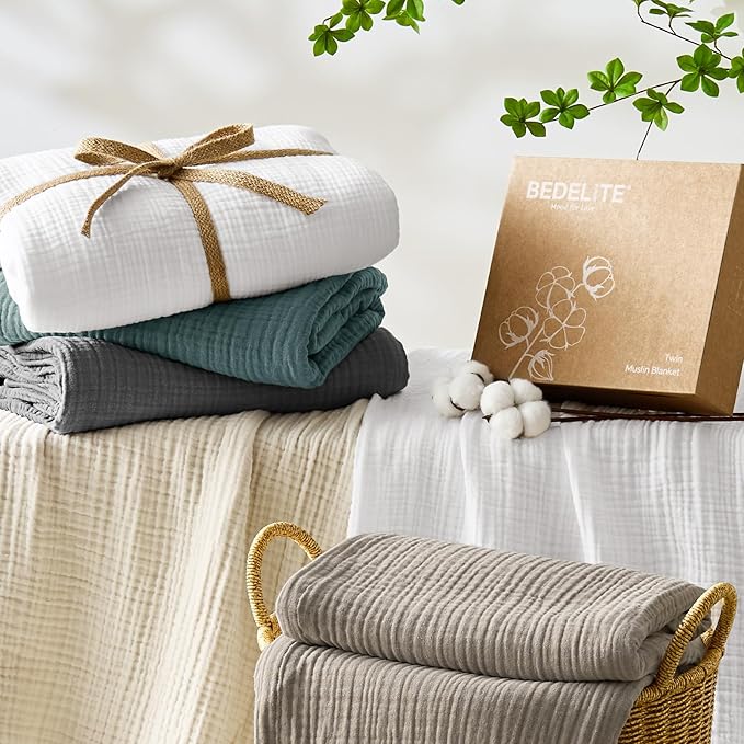 BEDELITE 100% Cotton Muslin Blankets for Adults - 4-Layer Queen Size Breathable and Lightweight Gauze Blanket for Couch, Bed, Travel and Summer, Soft & Cozy Gift for Women, Beige, 90"x90"