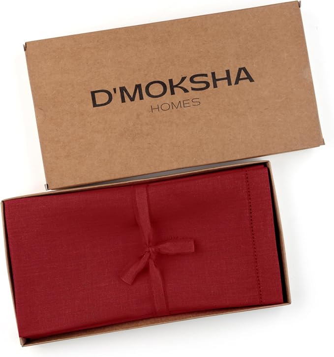 Signature Linen™ by D'Moksha Red Dinner Napkins Set of 8, 20 x 20 Inch Cloth Napkins, 100% Pure Linen, Hemstitch, Machine Washable Table Napkins- Summer, 4th July